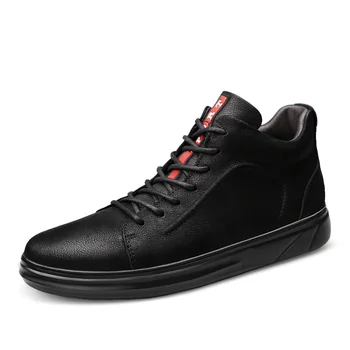 

2020 Spring New Men Leather Shoe High Top Young Casual Shoes Genuine Leather Warm Fur Casual Shoes Adult Black Big Size Man Shoe