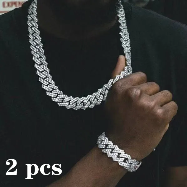 

Hip Hop Iced Out Paved Rhinestones 1Set 15MM Full Miami Curb Cuban Chain CZ Bling Rapper Necklaces for Men Jewelry Women Gift