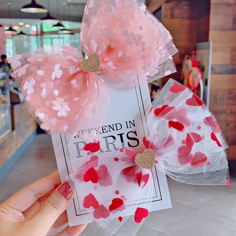 

9pcs/set Sweet Pink Heart Girls Mesh Hair Bows Flower Hair Clips Princess Korean Hairgrip Pins Party Dance Headdress Accessories