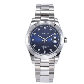 

Sapphire crystal Parnis 39mm blue dial diamond marks polished bezel stainless steel deployment buckle automatic men's watch