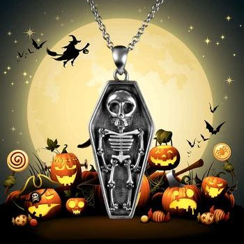 

StrollGirl 925 Sterling silver Skull in the coffin pendent skeleton chain necklace for Women Halloween Jewelry gift free ship