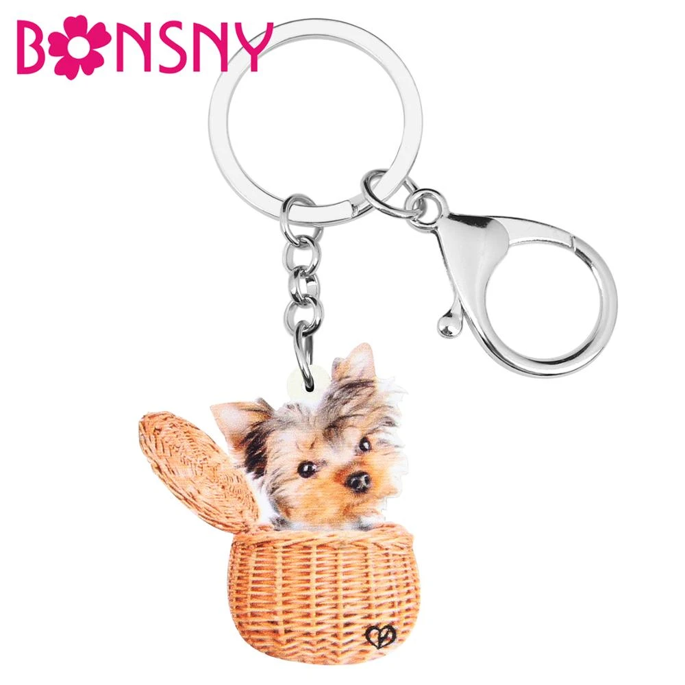 Acrylic Basket Yorkshire Dog Keychain Ring For Women Kids Wallet Charms Jewelry 