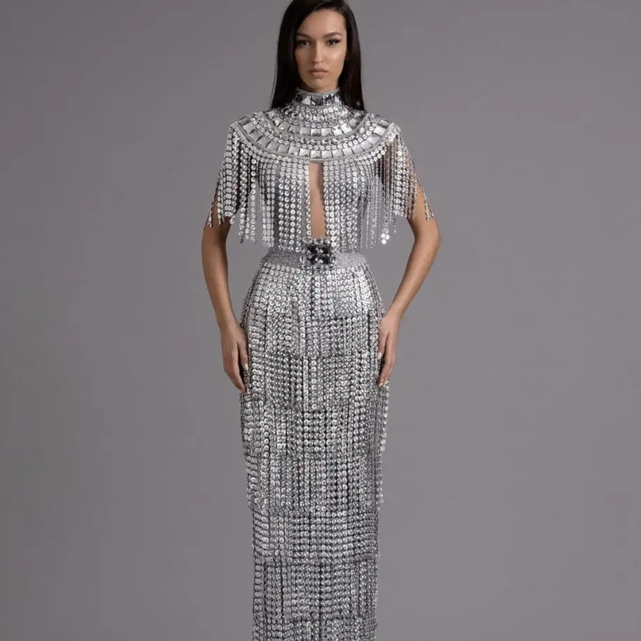 

Silver Sequins Stones Shoulders Shawl Costume Dancer Stage Show Outfit Evening Performance Wear Prom Party Sexy Fringes Dress