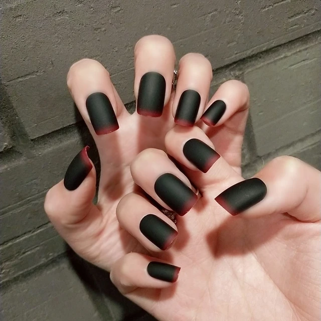 Black Matte Red Tip Short Matte Nail Finished Black Red Nail Matte Fake Nails Patch Wholesale Aliexpress Mobile