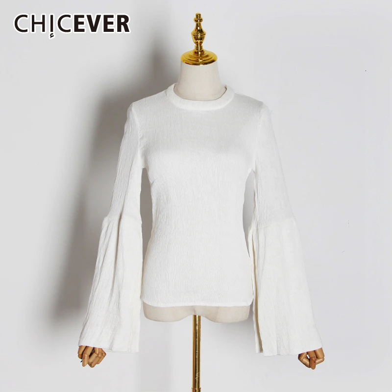 CHICEVER Корейская женская футболка на шнуровке с бантом и круглым вырезом, Расклешенная туника с длинным рукавом, элегантные рубашки для женщин, осень, модная новинка