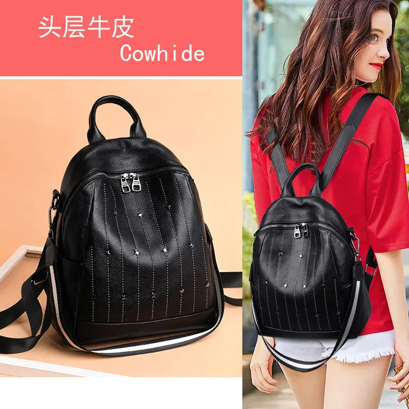 

2019 New Style Rivet Backpack Large-Volume Genuine Leather Soft Full-grain Leather Student INS School Bag Travel Backpack