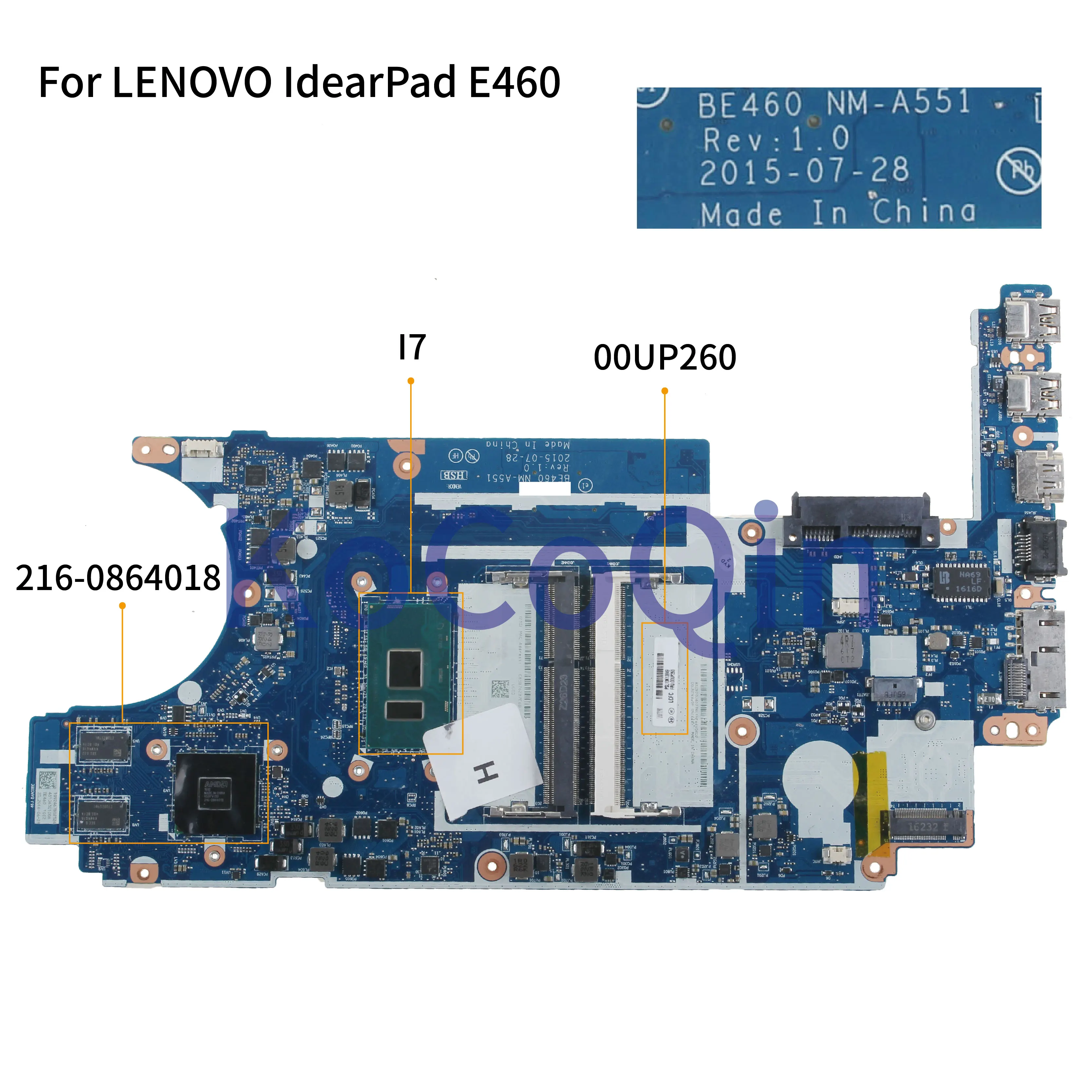 Promo  KoCoQin Laptop motherboard For LENOVO IdearPad E460 Core I7-6500U Mainboard BE460 NM-A551 00UP260 S