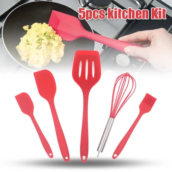 

5Pcs/set Kitchen Silicone Cooking Utensils Set Non-stick Slotted Spatula Scrapers Oil Brush Whisk Set HUG-Deals