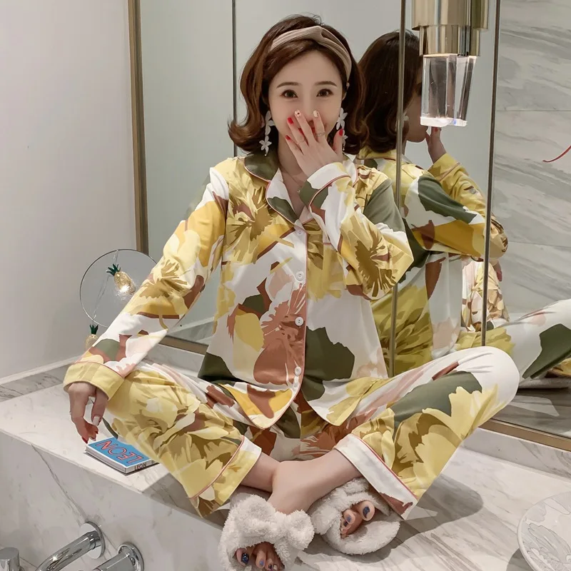 

Pajamas Women's Spring And Autumn Long Sleeve Korean-style Fresh Students Cardigan Ink Painting Two-Piece Set Sweet Autumn And W