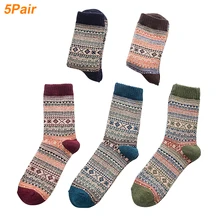 5 пар, согревающие, из искусственной шерсти, средние, для взрослых, Осенние, мягкие, Ретро стиль, теплые, дышащие, в полоску, зимние, цветочные, рождественские