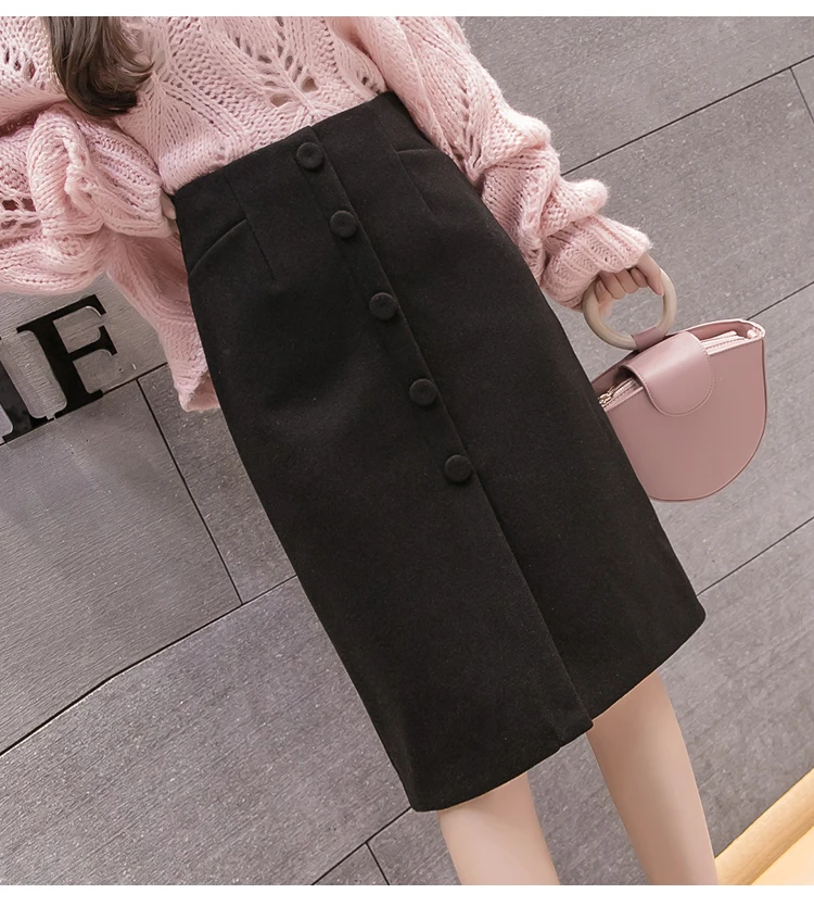 woolen warm skirts womens Autumn And Winter high waist elegant Single-breasted office work skirt women saia jupe falda