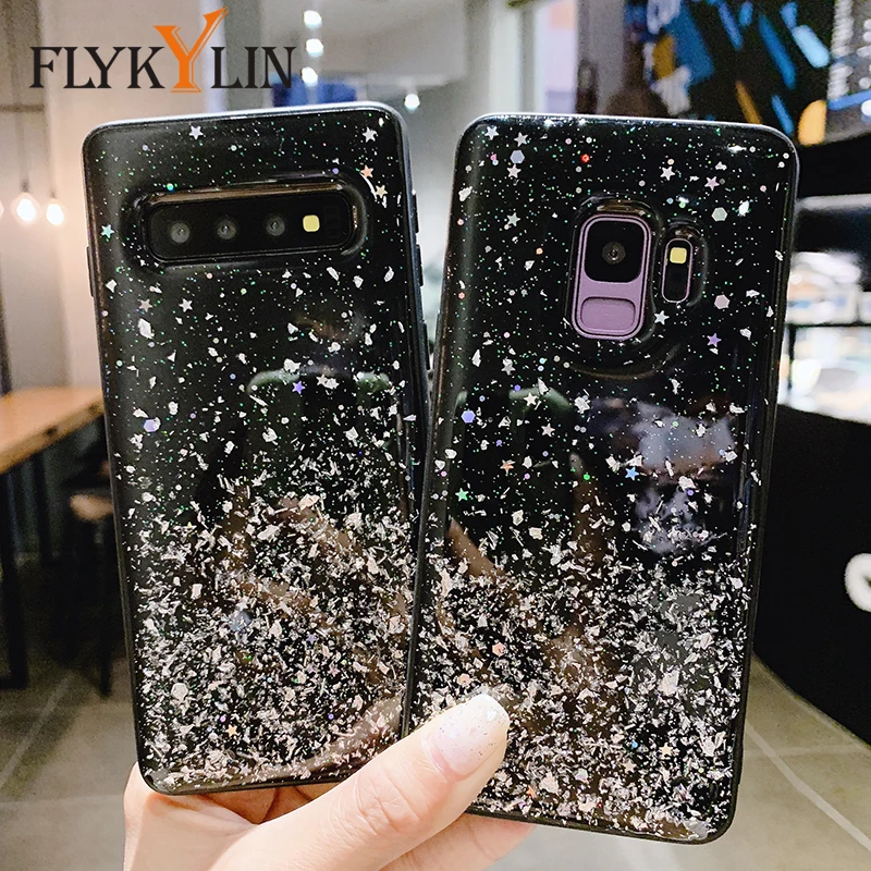 

FLYKYLIN Sliver Foil Case For Samsung Galaxy S10 Plus S10e S9 + S8 S7 Edge Back Cover on PC + TPU Silicone Glitter Phone Coque