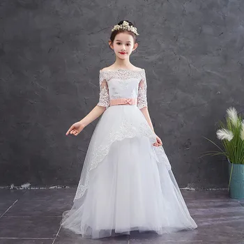 

White Off Shoulder Flower Girl Dress Lace Ribbon Half Sleeves Children Wedding Party Dress First Communion Gown