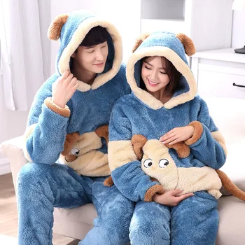 

Autumn Winter Women Flannel Pajamas Set Bear Hooded Pajamas Sleepwear Coral Fleece Thickened Warm Pyjamas Home Clothing