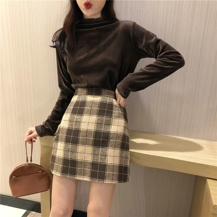 

Nana Trend WOMEN'S Clothing Store Vintage Woolen Plaid Skirt Women's Autumn And Winter High-waisted Versatile CHIC Short Skirt A