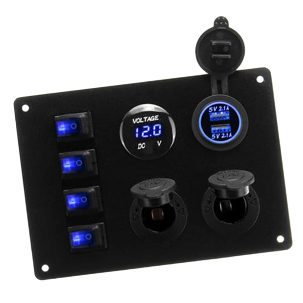 Car Marine Switch Panel, Boat Rocker Switch Panel, 4 Gang With Voltmeter/5V 2.1A 2-Charger/ Lighter