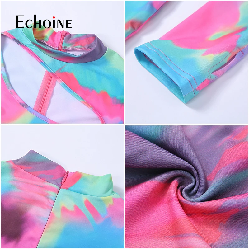 Сексуальный Модный женский костюм с высоким воротом и принтом tie dye, осень, Облегающий комбинезон с длинным рукавом, Облегающий комбинезон