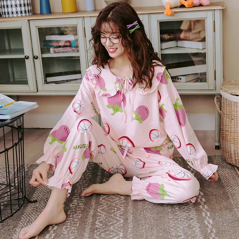 Fruit Mangosteen Print Home Clothes For Women Autumn Full Cotton Femme Pajamas Sets Girl's Sleepwear Big Yards 3XL Pijamas Mujer - Color: BFY1424
