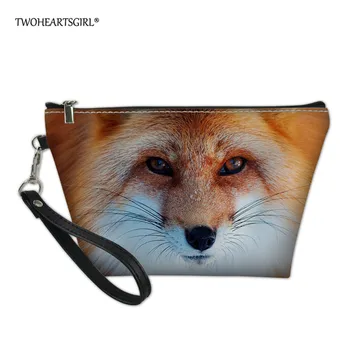

Twoheartsgirl Cute Fox Women Makeup Bag Leather Small Cosmetic Case Zipper Clutch Coin Storage Organized Toiletry Pouch Handle