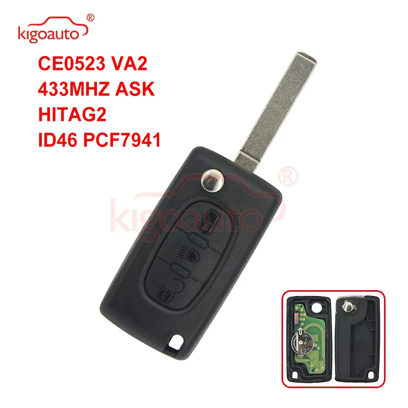 

Kigoauto CE0523 Flip remote key 3 button light VA2 434Mhz pcf7941 ASK for Citroen C2 C3 C4 C5 C6