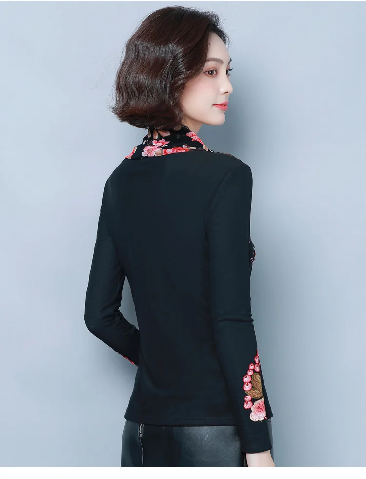 Dingaozlz, L-7XL, зима, новинка, вышитая рубашка, водолазка, толстая, теплая, кружевная блузка, длинный рукав, плюс бархат, сетка, Женский Топ, плюс размер