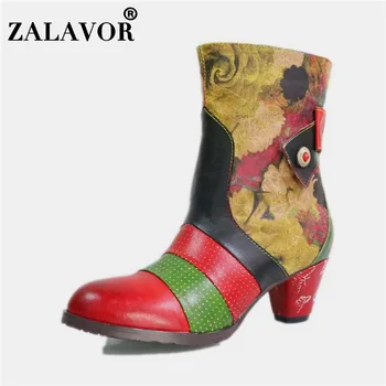 

ZALAVOR Women Mid Calf Boots Real leather Chinese Style Vintage Female Shoes Ethnic Style Hand Painting Footwear Size 36-42