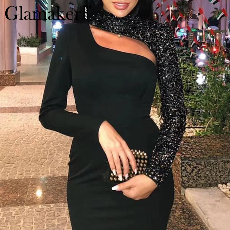 

Glamaker Hollow out long sleeve black dress Women sequin pink sexy club midi dress Elegant bodycon party dress vestido de fiesta
