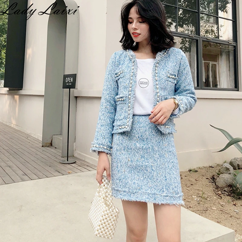 

Autumn Winter women Sexy Tweed suits Fashion tops+skirts 2 piece sets female Beaded woolen coat Elegant skirts sets Women's Set