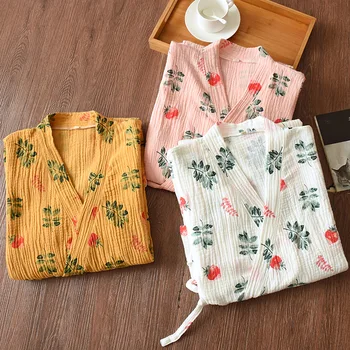 

Japanese Style Robe For Women Gauze Cotton 2020 Spring Summer Kimono Home Wear Sleepwear Kimono Gown Pink Print Breathable