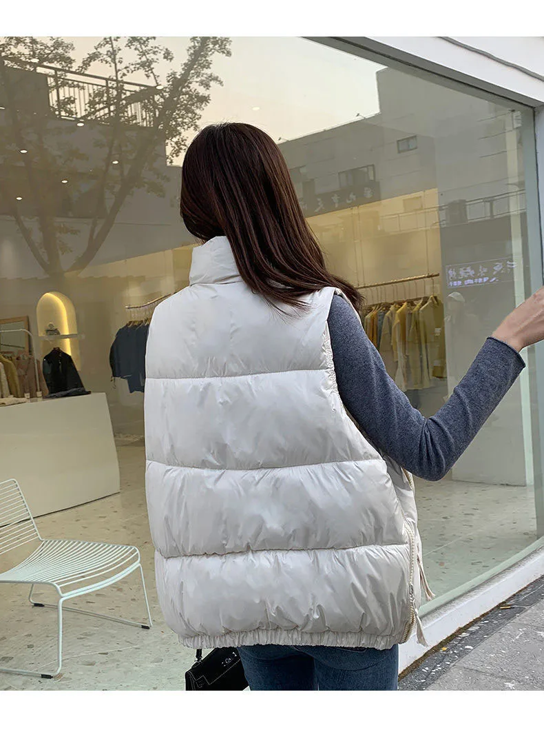 Winter Woman Down Cotton Short Vest Coat Yellow Stand Colloar Sleeveless Jacket Large size Waistcoat Korean Style Gilet Femme petite long puffer coat