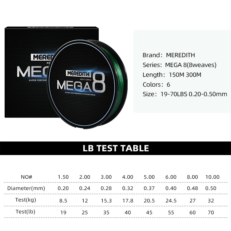 MEREDITH MEGA8 Fishing Line 300M 8 Braided Strands Fishing Fishing Lines Outdoor and Sports