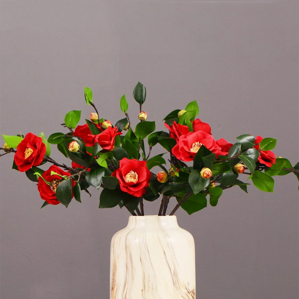 2021 New 6pcs Artificial Flower Plants Peony Camellia 59cm Silk Tea Rose Faux Green Plant DIY Home Garden Art Wedding Decoration