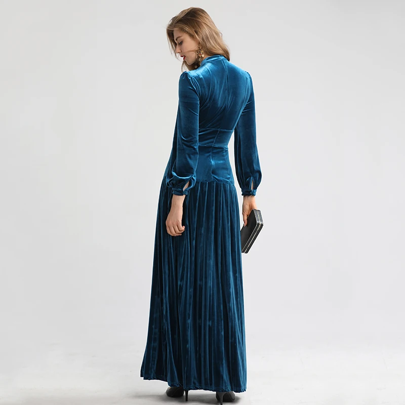 AELESEEN New Design High Quality Velvet Pleated Long Dresses Women European High Class Luxury Party Solid Maxi Dress