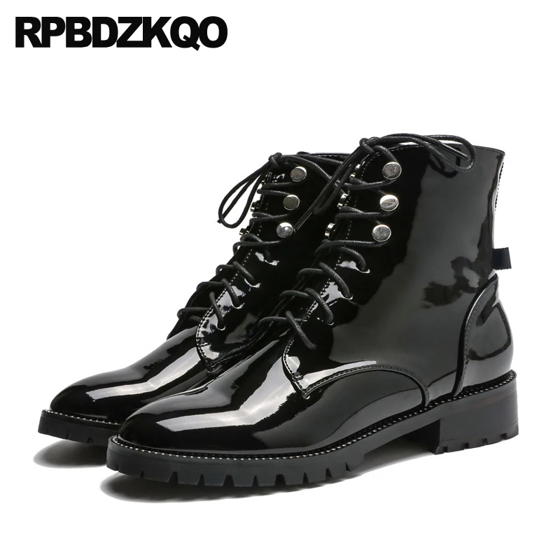 

Winter Military Lace Up Ankle Black High Quality Boots Designer Shoes Women Luxury 2021 Autumn Flat Combat Patent Leather Fall