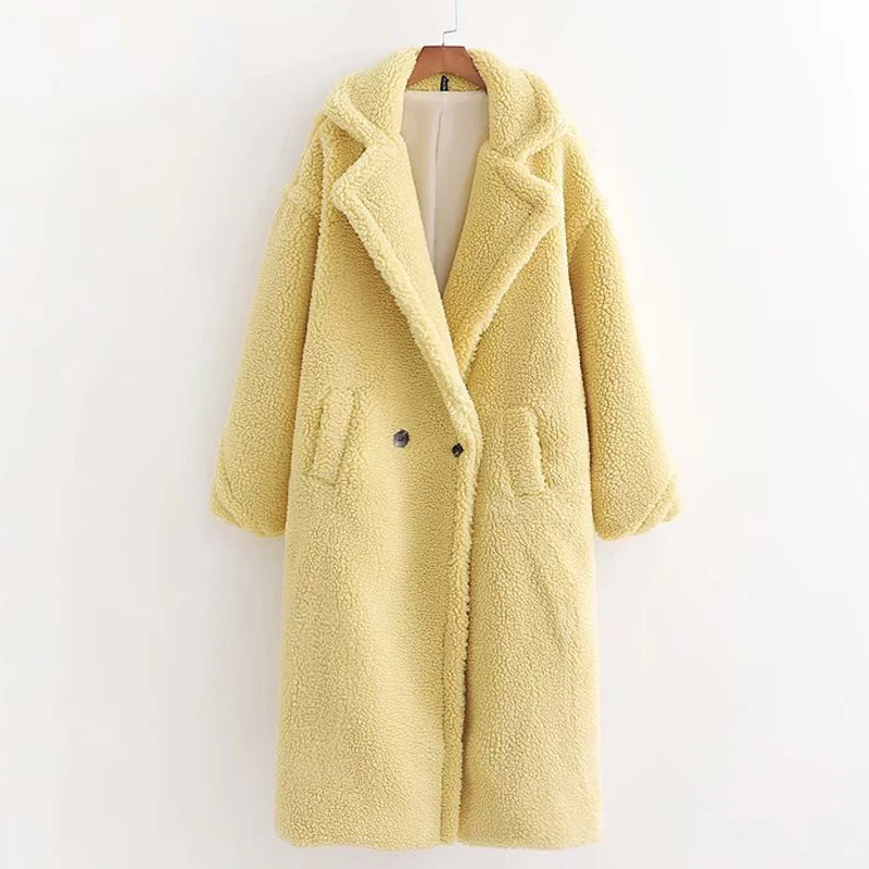 Fandy lokar пальто из искусственного меха ягненка женские модные двубортные однотонные куртки женские элегантные толстые длинные пальто женские JH