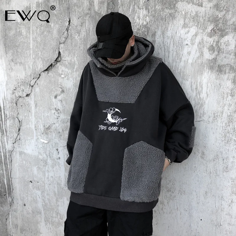 EWQ/ осенне-зимний модный теплый свитер для мужчин, Женская толстовка с капюшоном, свободный большой размер, пэчворк, искусственные топы из овечьей шерсти, прилива 9Y195