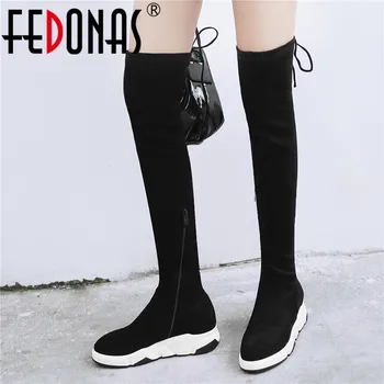 

FEDONAS Female Sport Riding Boots Party Prom Shoes Woman Winter Height Increasing Women Kid Suede Flock Over The Knee High Boots