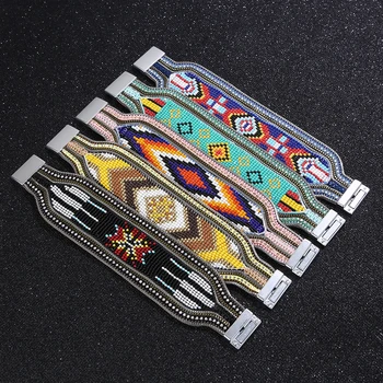 

HEYI Jewelry Women Leather Bangle Bracelet Colorful Beads Geometric Pattern Bohemian Style Magnetic Clasp Bracelet for Female
