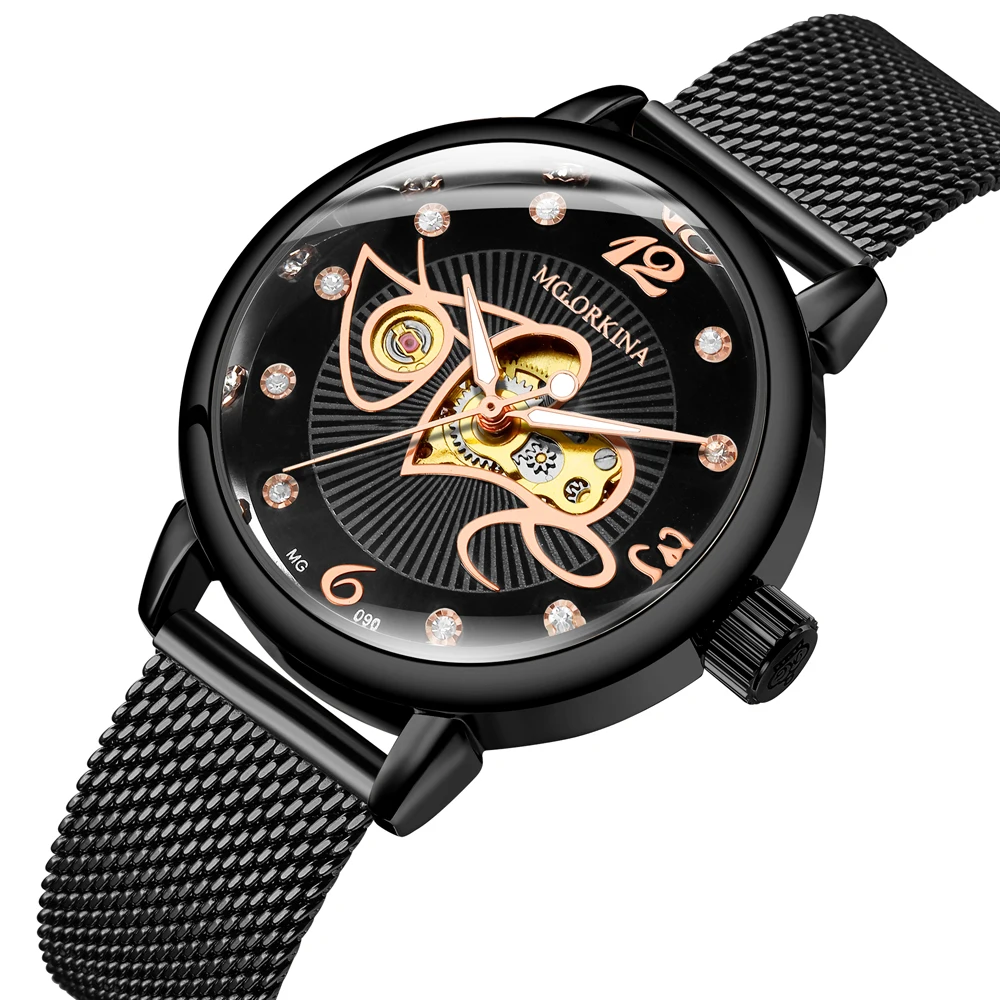 New Fashion Love Creative Lady Automatic Mechanical Watch Diamond Female Clock Black Stainless Steel Wristwatch Gifts for Women
