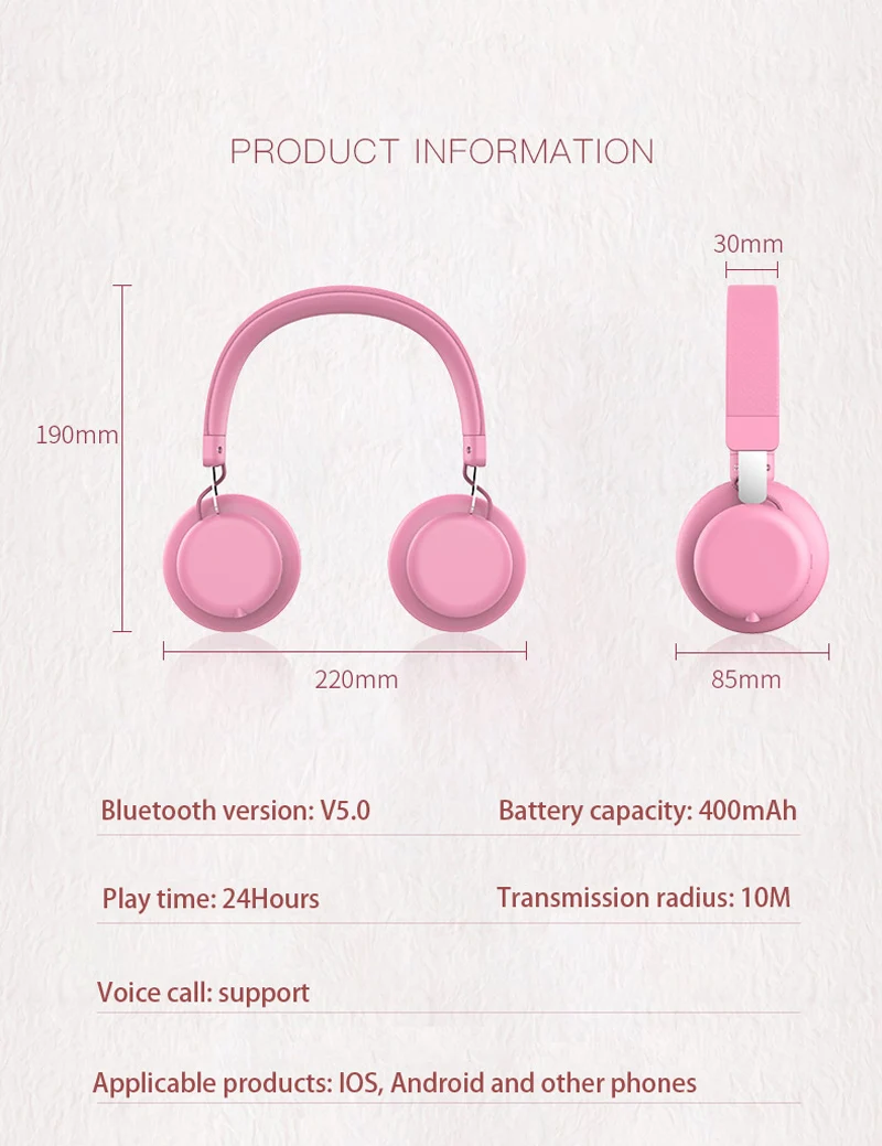 BH2 wireless Bluetooth Headphones with Microphone Gaming earphone HiFi Stereo Headset Macaron pink for Women Girl Kids Gifts