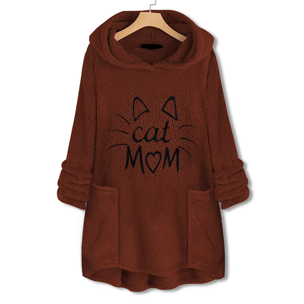 Women Sweatshirt Women Cat Mom Fleece Embroidery Cat Ear Hoodie Sweatshirts Pocket Pullover Top mujer Winter Hoodies#L20