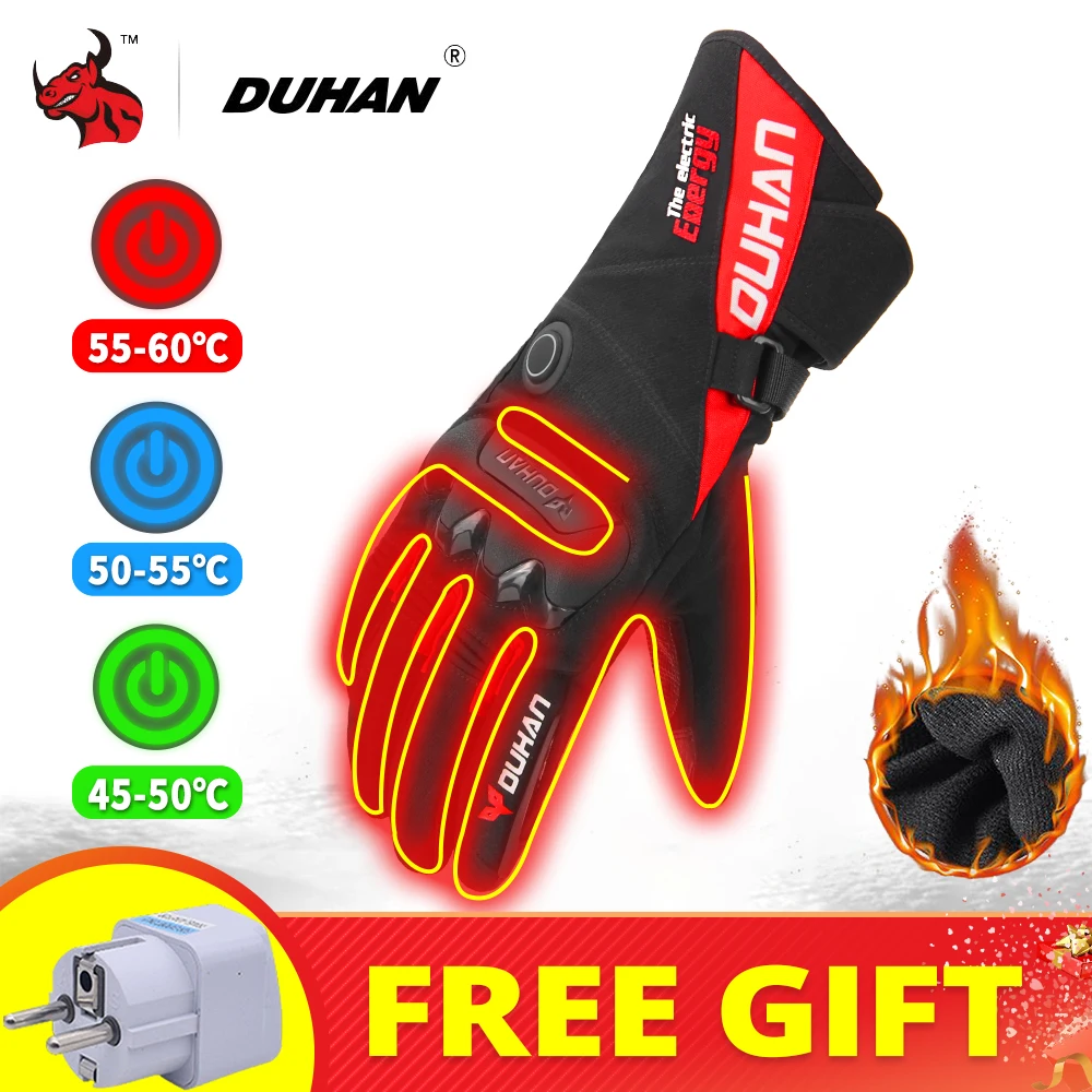 DUHAN Heating Gloves Winter Thermal Motorcycle Heated Gloves Waterproof Guantes Para Moto Windproof Riding Gloves Touch Screen