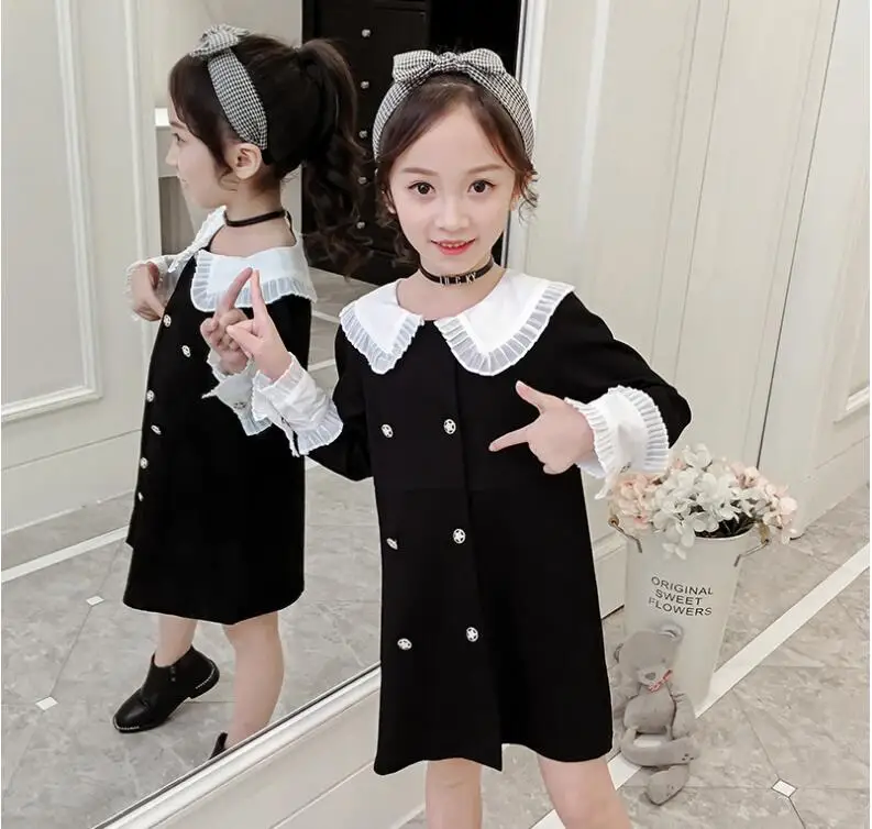 Черное платье для девочек коллекция года, Осенние белые платья принцессы с длинными рукавами и лоскутным воротником корейские модные детские платья Милая одежда для малышей