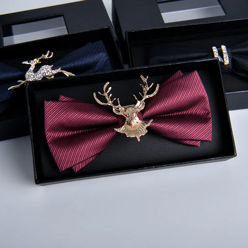 

Men's Dress Plain Bow Tie Double-layer Design Flat Head with Diamond Handmade Monochrome Deer Head Wine Red New