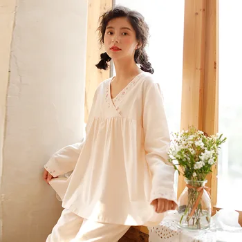 

XIFER Women Pajamas New Japanese Spring and Autumn Cardigan Long-sleeved Suit Solid Color Double-layer Yarn Cotton Homewear Suit