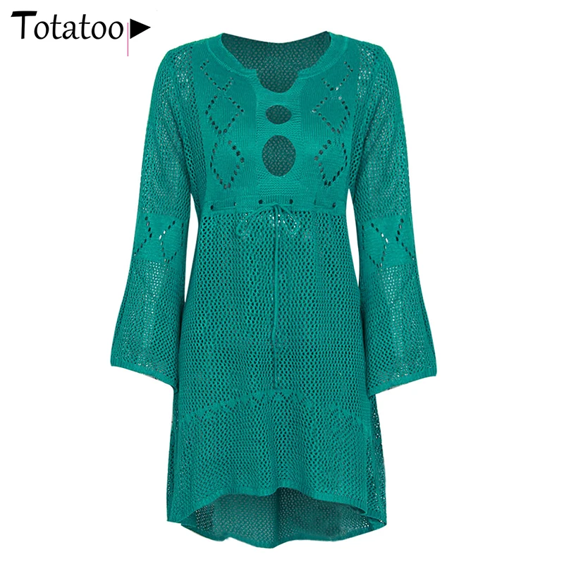 Totatoop Backless Sexy Knitted Dress Women 2021 Summer Long Sleeve Open Back See Through Beach Cover Mini Dress Femme Clubwear vintage clothing stores Dresses