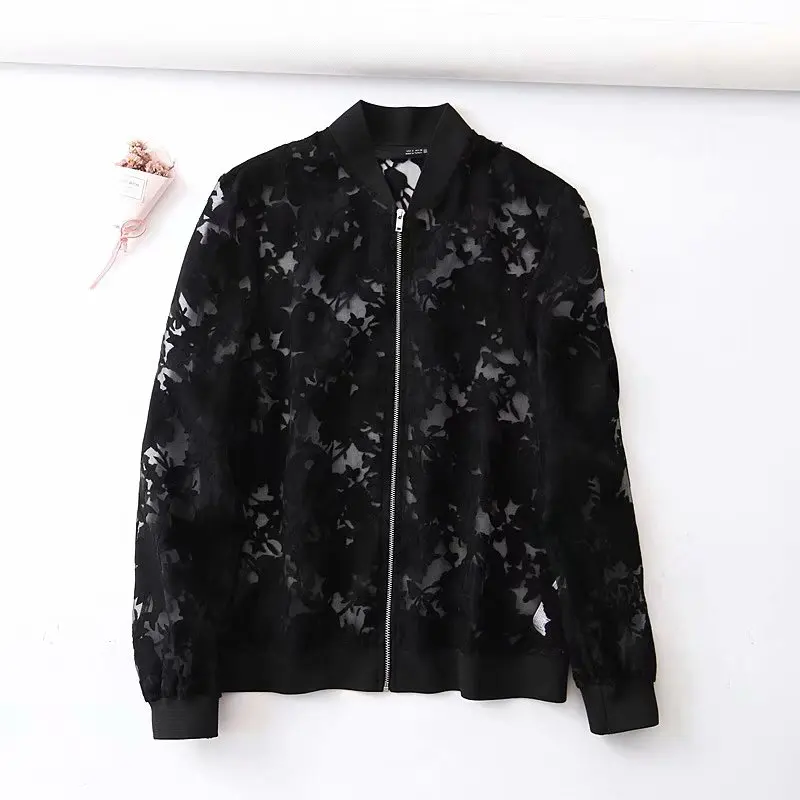 

2019 Women sexy translucent black mesh jacket ladies stand collar embroidery casual flight jacket outwear zipper Coat tops CT250