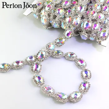 

1 yard AB crystal oval rhinestone trim oval glass silver metal ribbon decorated in women clothing shoes accessories ML064