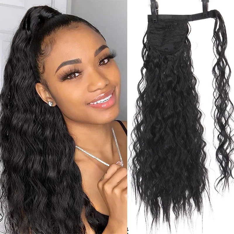 DIANQI Synthetic Corn Wavy Long Curly Ponytail Hairpiece Wrap on Clip Hair Extensions Black Pony Hair