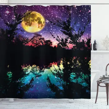 

Purple Shower Curtain, Lake Moonlight Stars in Night Sky with Trees Contemporary Modern Design, Cloth Fabric Bathroom Decor Set